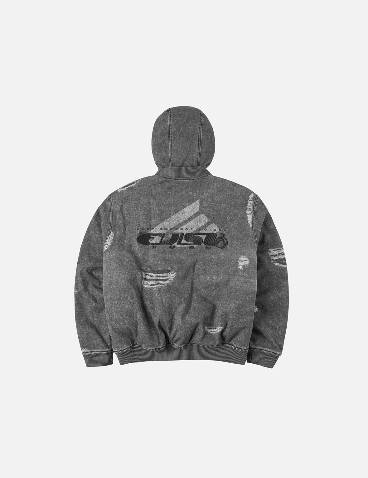 Distressed Print with Logo Embroidery Loose Fit Padded Boomer Jacket